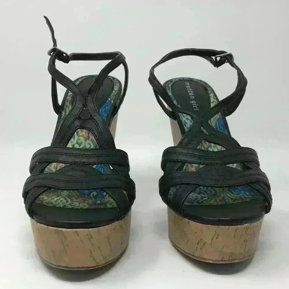 Madden Girl Black Design Buckle Strap Wedge 8 Shoe - Picture 2 of 7